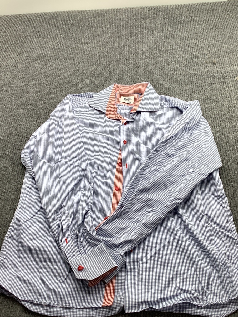 Men's Blue Micro-Check Dress Shirt with Coral Contrast Trim